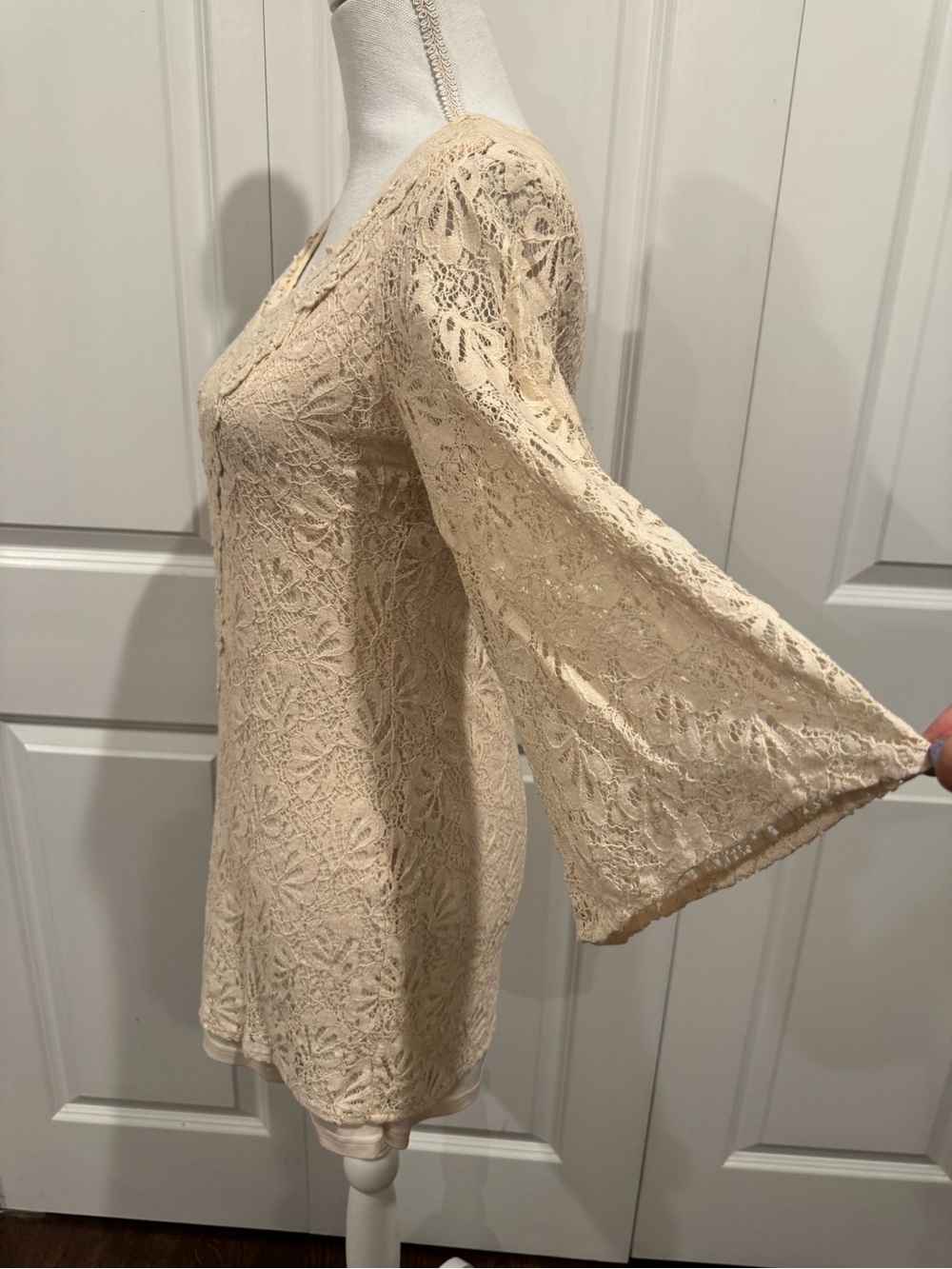 Flying Tomato Cream Lace Bell Sleeve Mini Dress Tunic Boho Cottagecore Size M - Picture 7 of 15